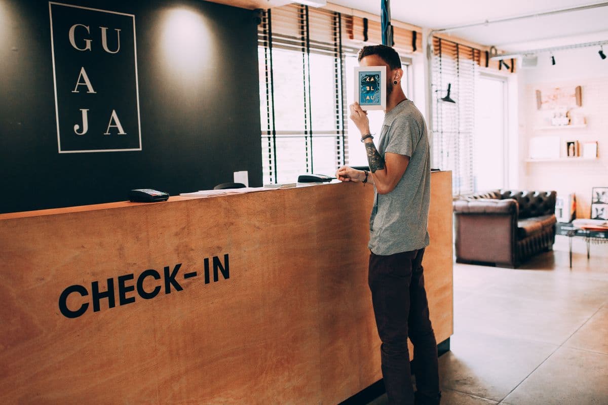 A bright hotel check-in desk